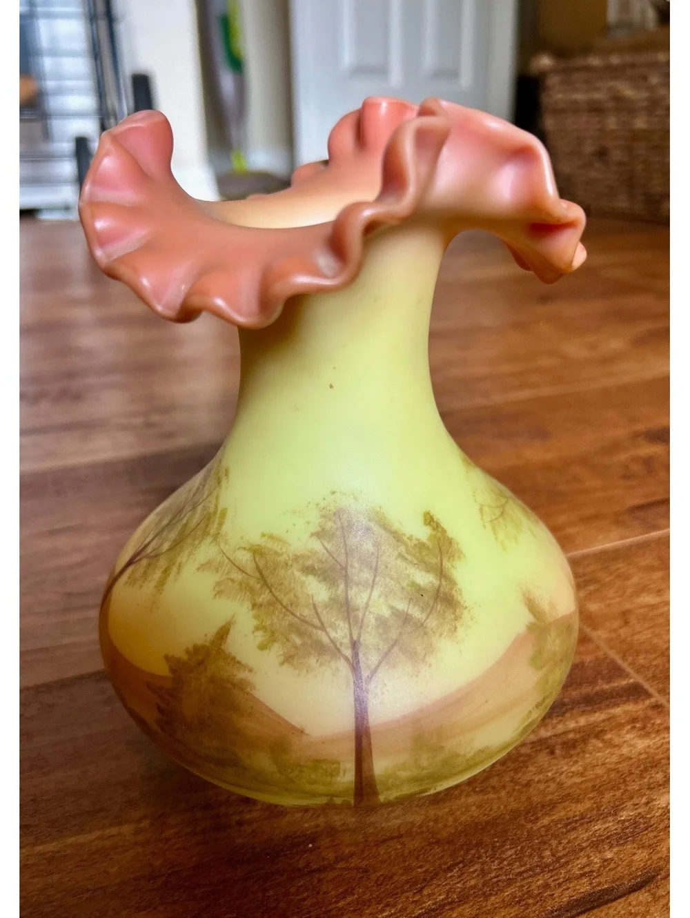 Hand-Painted Louise Piper Ruffled Top Table Vase with Landscape Design